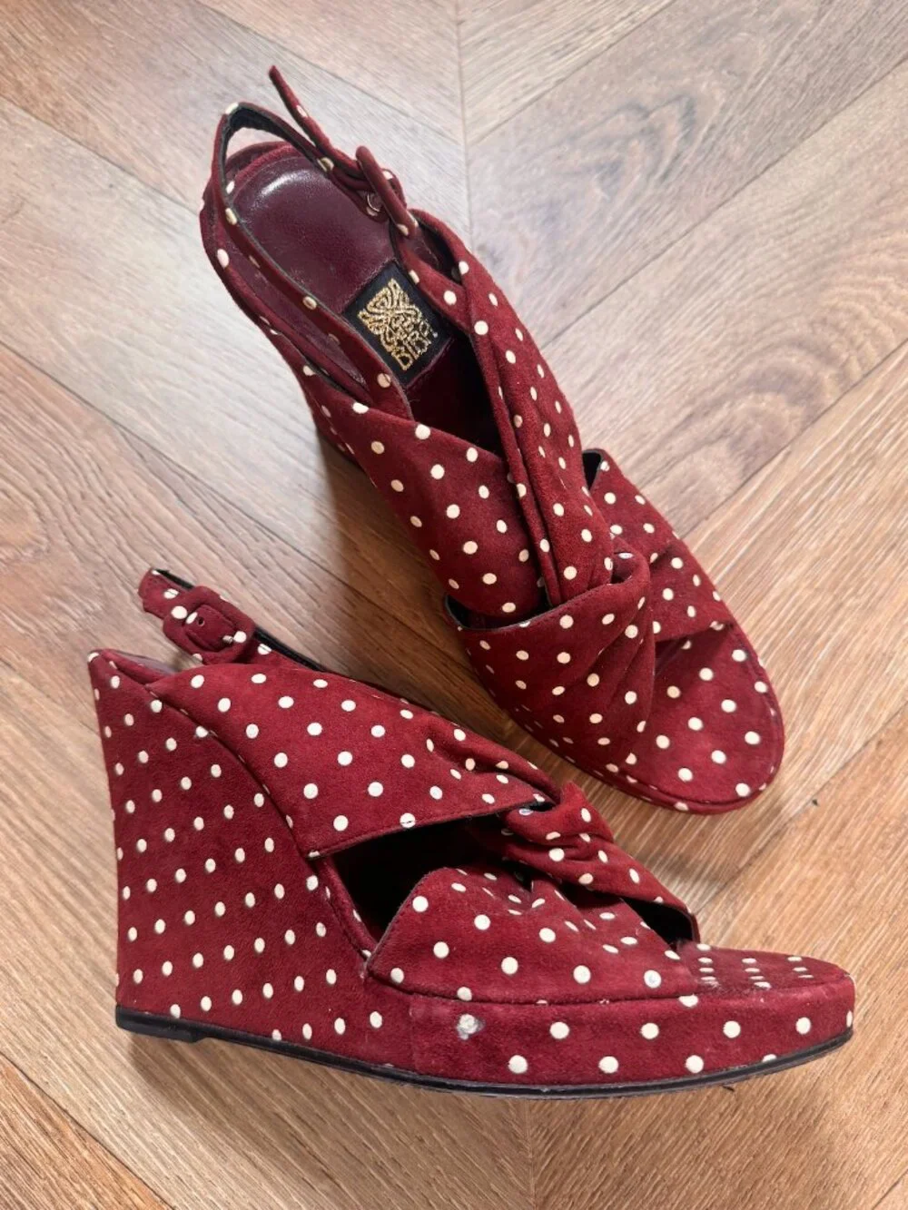 Biba Vintage Platform Wedge Sandals Burgundy Polka Dot 37
